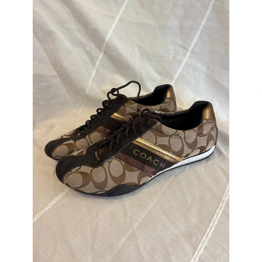 Coach Jayme Signature Jacquard Khaki Brown Gold Sneakers Q582 Womens 7.5M